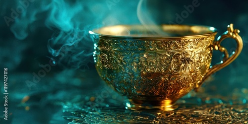 Gold cup with a handle sits on a table