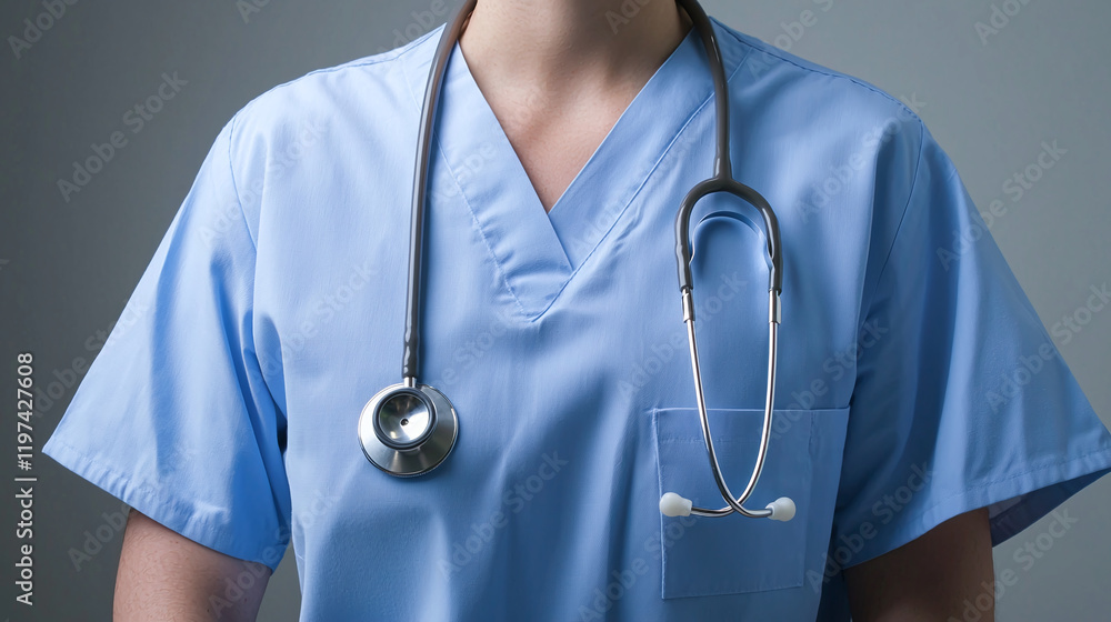 Professional doctor in blue scrubs with stethoscope, conveying care and expertise Professional doctor in blue scrubs with stethoscope, conveying care and expertise