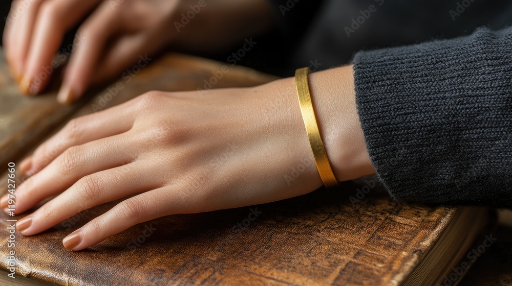 Fototapeta premium Elegant gold bracelet showcased on a woman's wrist, her hand gently resting on a book with warm light creating a cozy, luxurious vibe.