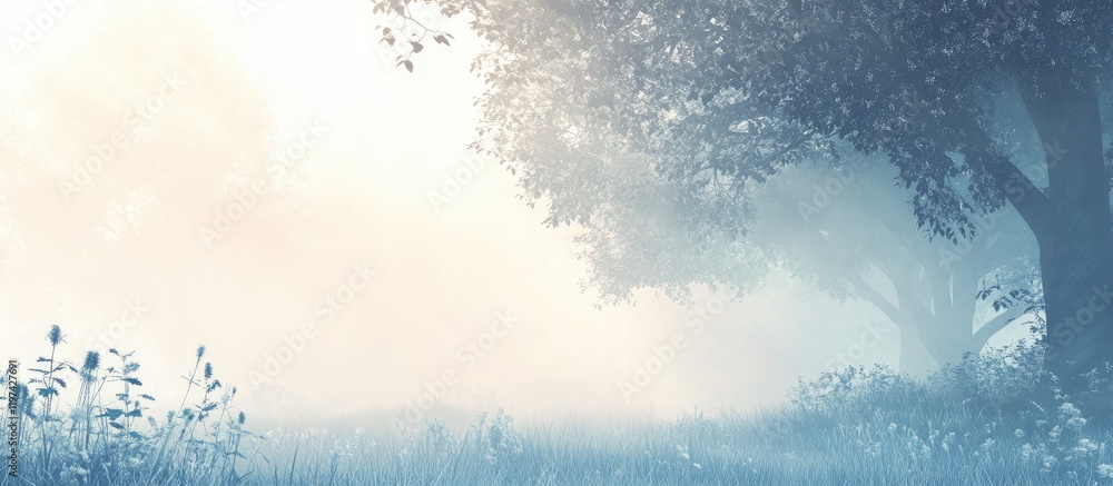 Foggy landscape with trees and soft light creating a tranquil atmosphere and ample copy space for text placement Foggy landscape with trees and soft light creating a tranquil atmosphere and ample copy space for text placement