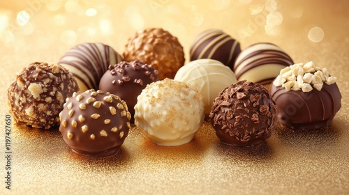 Assorted Ferrero Rocher chocolates elegantly arranged on a soft golden background with shimmering highlights and a luxurious festive ambiance.