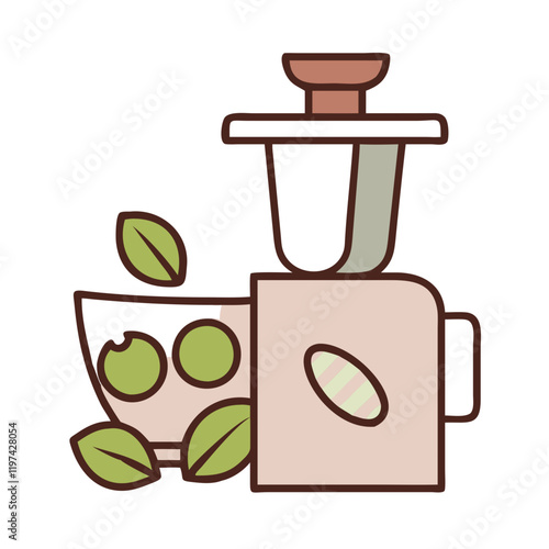 Juicer Machine Icon with green fruits and leaves on a white background