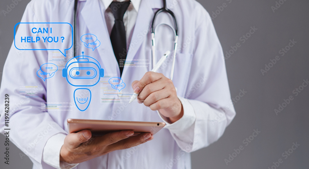 AI chatbot assisting doctor health care and medical support. technology solutions for hospital systems and patient care. artificial intelligence in medicine and robotic chat customer services. AI chatbot assisting doctor health care and medical support. technology solutions for hospital systems and patient care. artificial intelligence in medicine and robotic chat customer services.