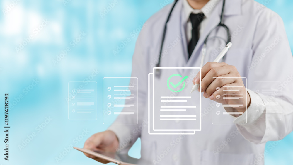 A health care professional working medical checklist to verify patient records. technology in hospitals and clinics for health evaluations. Checklist surveys, check boxes, and medicine management A health care professional working medical checklist to verify patient records. technology in hospitals and clinics for health evaluations. Checklist surveys, check boxes, and medicine management