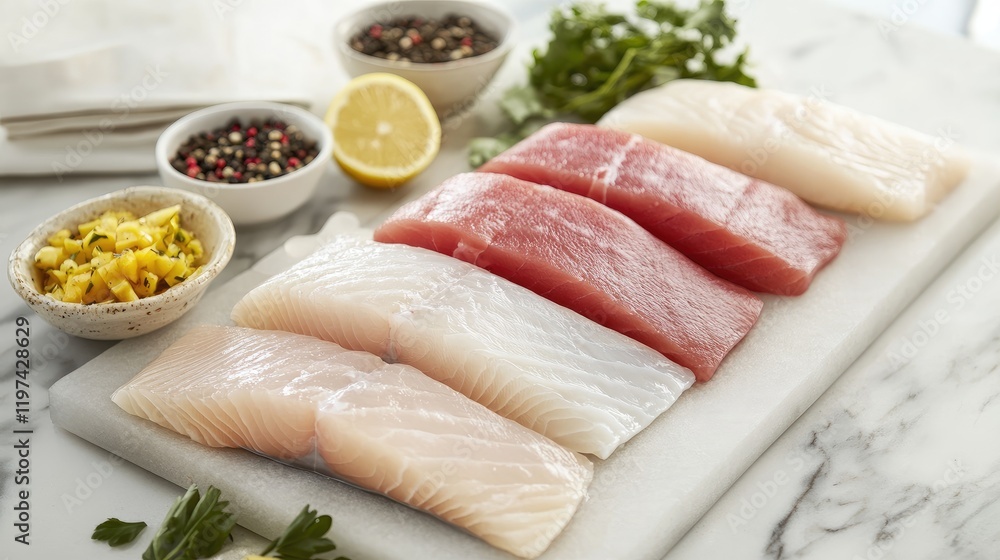 Fresh Assorted Artisan Fish Fillets on Marble Counter with Lemon Slices and Colorful Spices in Decorative Bowls with Green Herbs Fresh Assorted Artisan Fish Fillets on Marble Counter with Lemon Slices and Colorful Spices in Decorative Bowls with Green Herbs