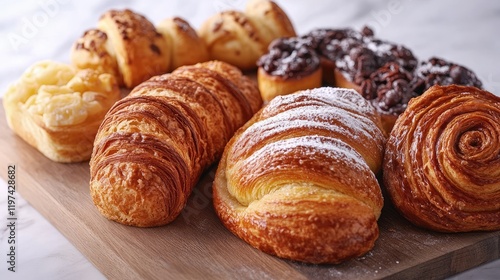 Wallpaper Mural Assorted Golden French Pastries on Rustic Wooden Board with Soft White Marble Background Featuring Croissants and Sweet Rolls Torontodigital.ca