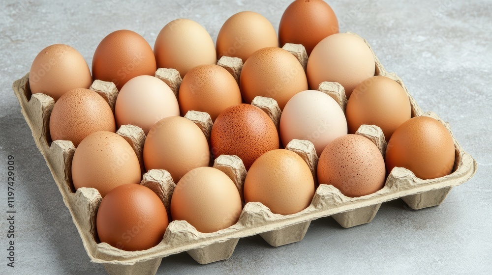 Assorted Natural Brown and Cream Eggs in Eco-Friendly Cardboard Tray on Gray Kitchen Table Healthy Eating Concept Top View with Copy Space Assorted Natural Brown and Cream Eggs in Eco-Friendly Cardboard Tray on Gray Kitchen Table Healthy Eating Concept Top View with Copy Space