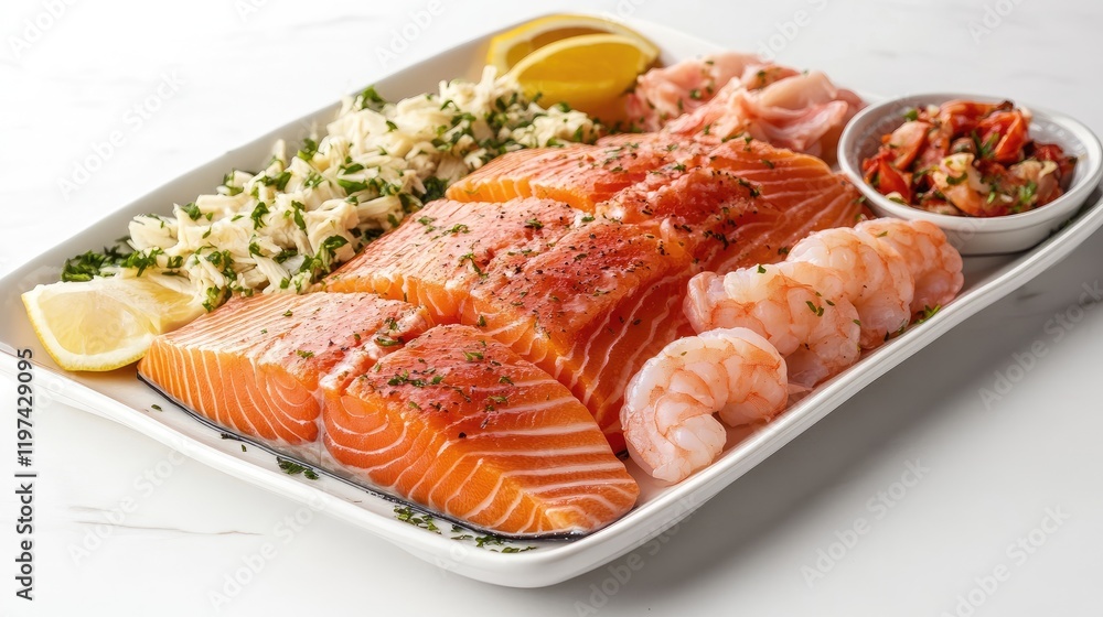 Premium Assortment of Fresh Cold Seafood Featuring Vibrant Salmon Steaks Fillets Sweet Shrimp and Succulent Crab Garnished with Lemon and Herbs Premium Assortment of Fresh Cold Seafood Featuring Vibrant Salmon Steaks Fillets Sweet Shrimp and Succulent Crab Garnished with Lemon and Herbs