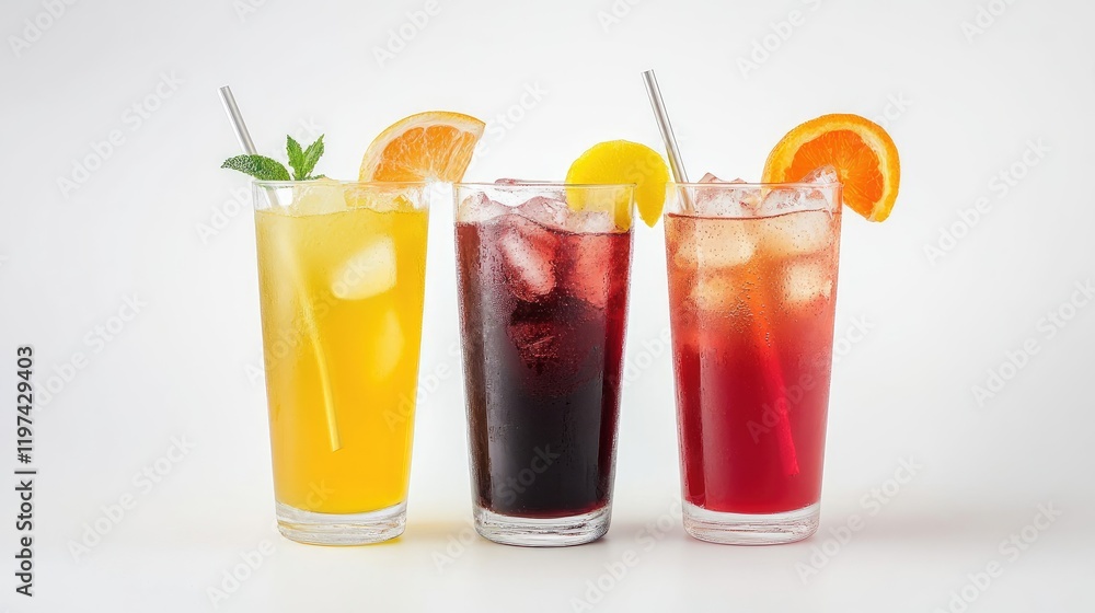 Vibrant Assortment of Fresh Fruit Juices in Tall Glasses with Citrus Garnishes on Bright White Background Vibrant Assortment of Fresh Fruit Juices in Tall Glasses with Citrus Garnishes on Bright White Background