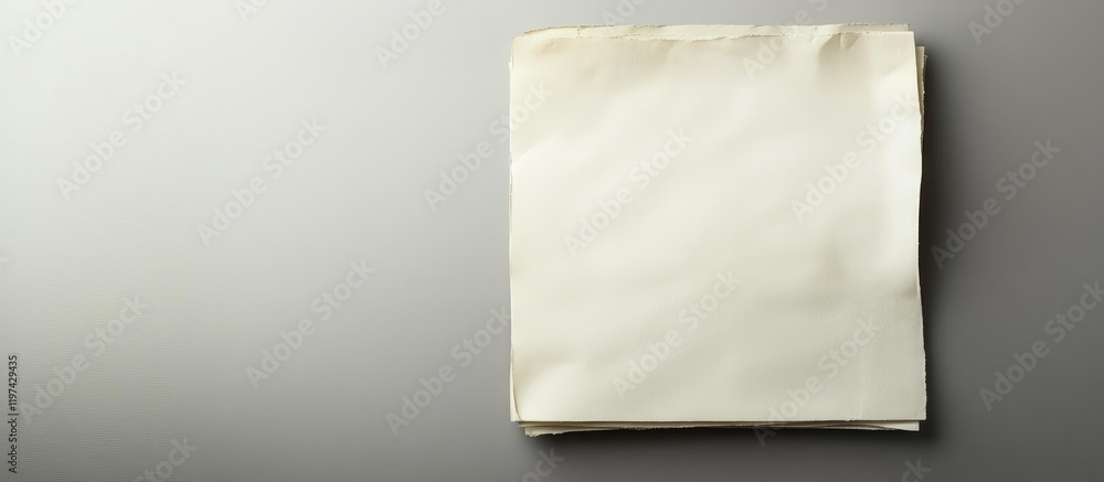 Blank old paper sheet with curved edges on gray background showcasing texture and subtle stains with Copy Space for text insertion. Blank old paper sheet with curved edges on gray background showcasing texture and subtle stains with Copy Space for text insertion.