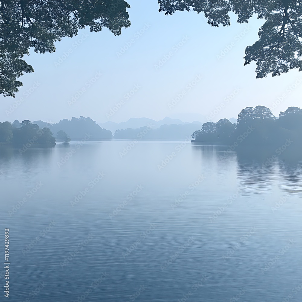 Misty Lake Serenity Calm Water Trees Distant Hills Blue Sky Misty Lake Serenity Calm Water Trees Distant Hills Blue Sky