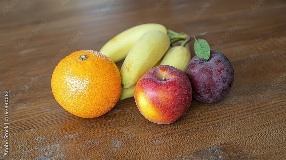 Fresh Assorted Fruits Including Orange, Bananas, Red Apple, and Plum on Rustic Wooden Surface with Natural Lighting and Vibrant Colors Fresh Assorted Fruits Including Orange, Bananas, Red Apple, and Plum on Rustic Wooden Surface with Natural Lighting and Vibrant Colors
