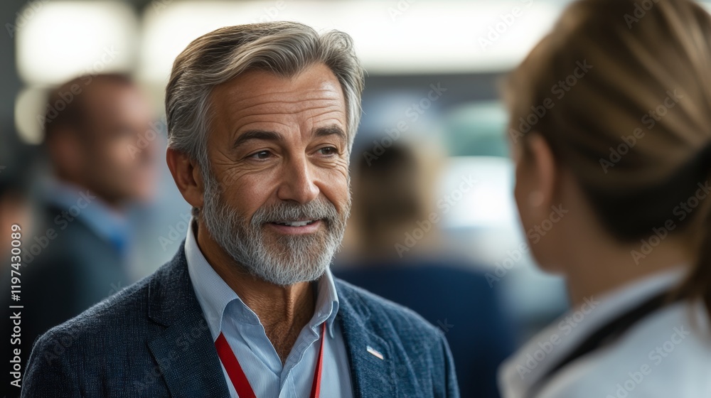 Charismatic Senior Gentleman Engages in Conversation at Business Conference, Networking Event Scene Charismatic Senior Gentleman Engages in Conversation at Business Conference, Networking Event Scene