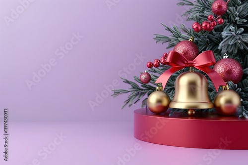 pair of Huge glossy shiny 3d golden Christian Christmas jingle bells with red ribbons patterns,jingle bells on a Christmas treered podium, pale violet background photo