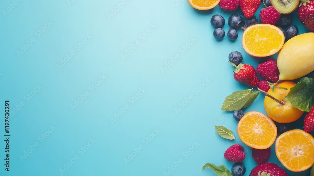 Assorted Vibrant Fresh Fruits including Oranges Lemons and Berries on Vintage Wooden Table with Aquamarine Background and Copy Space Top View Assorted Vibrant Fresh Fruits including Oranges Lemons and Berries on Vintage Wooden Table with Aquamarine Background and Copy Space Top View