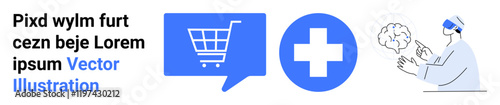 Shopping cart in blue speech bubble, medical cross, doctor in VR headset examining brain. Ideal for e-commerce, healthcare, technology, innovation, digital solutions, VR applications