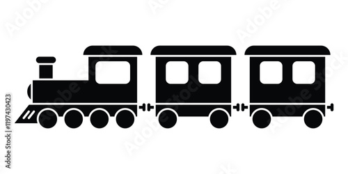 Steam locomotive with carriages vector icon. Perfect for transportation, travel, or vintage train illustrations. Black silhouette isolated on white background.
