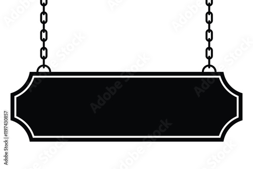 Hanging signboard on chains vector illustration. Suitable for shop or cafe signage. Black silhouette isolated on white background.