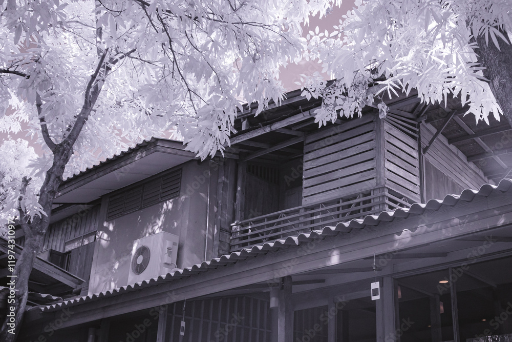 Infrared photography, the house is multi-level, with a complex roofline showcasing traditional Japanese architectural elements Infrared photography, the house is multi-level, with a complex roofline showcasing traditional Japanese architectural elements