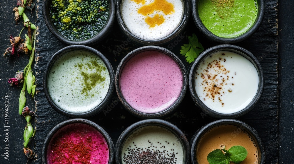 Mini smoothies with yogurt, curd, algae, and resveratrol in various colors, close-up shot Mini smoothies with yogurt, curd, algae, and resveratrol in various colors, close-up shot