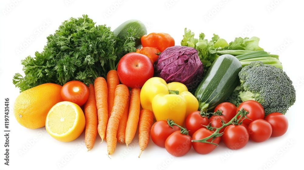 Vibrant Assortment of Fresh Vegetables and Fruits Including Carrots Tomatoes Broccoli and Cucumbers on White Background for Healthy Meal Concepts Vibrant Assortment of Fresh Vegetables and Fruits Including Carrots Tomatoes Broccoli and Cucumbers on White Background for Healthy Meal Concepts