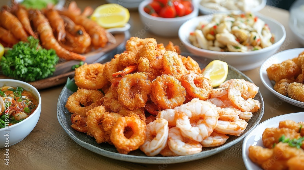 Fried Shrimp and Calamari with Lemon Garnish on Buffet Table Surrounded by Fresh Vegetables and Side Dishes Fried Shrimp and Calamari with Lemon Garnish on Buffet Table Surrounded by Fresh Vegetables and Side Dishes