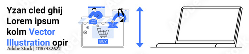 People interacting with a shopping cart and elements resembling e-commerce activities near a laptop. Ideal for online shopping, e-commerce growth, digital marketing, web development, retail