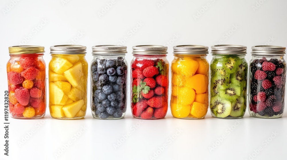 Vegan fruits and berries in jars arranged on a white surface with vibrant colors Vegan fruits and berries in jars arranged on a white surface with vibrant colors