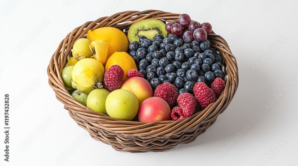 Colorful variety of fruits and berries in a brown wicker basket on a white background, emphasizing healthy eating habits and nutrition. Colorful variety of fruits and berries in a brown wicker basket on a white background, emphasizing healthy eating habits and nutrition.