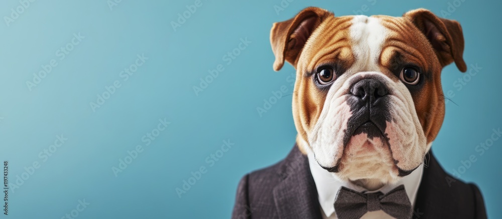 Bulldog wearing a tuxedo and bow tie posing against a solid light blue background with copy space for text Bulldog wearing a tuxedo and bow tie posing against a solid light blue background with copy space for text