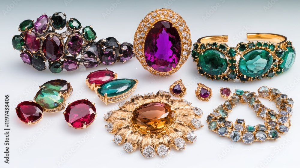 Diverse assortment of gemstone jewelry featuring deep purples, greens, and reds with gold accents arranged artistically on a neutral background. Diverse assortment of gemstone jewelry featuring deep purples, greens, and reds with gold accents arranged artistically on a neutral background.