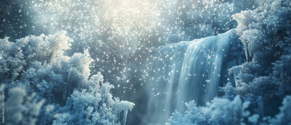 Obraz premium Frozen waterfall glimmers with ice crystals under a bright winter sunlight