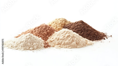 Assorted gluten-free grain flours in measured piles on a white background photo