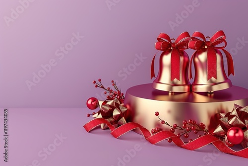 pair of Huge glossy shiny 3d golden Christian Christmas jingle bells with red ribbons patterns,Beaded Christmas bell garlandred podium, pale violet background