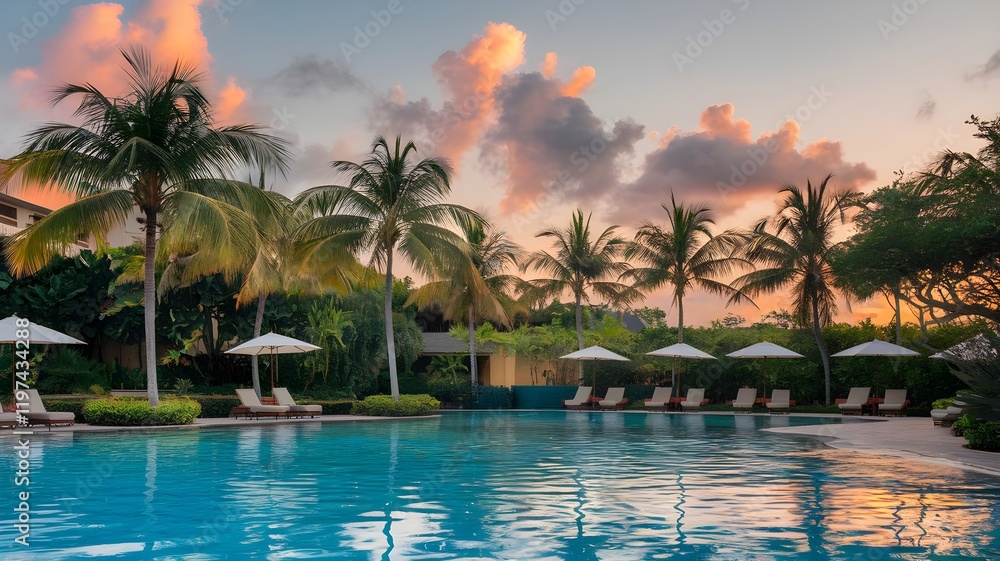 Obraz premium A picturesque view of a tranquil resort pool surrounded by lush palm trees and verdant foliage, bathed in the warm glow of a tropical sunset.