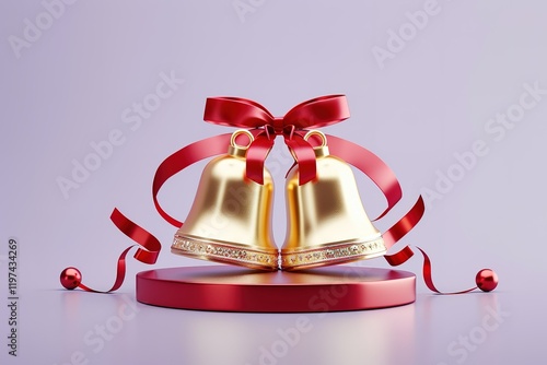 pair of Huge glossy shiny 3d golden Christian Christmas jingle bells with red ribbons patterns,Beaded Christmas bell garlandred podium, pale violet background