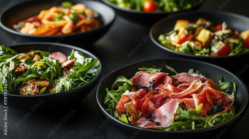 Variety of green salads with prosciutto in black bowls on dark surface, selective focus Variety of green salads with prosciutto in black bowls on dark surface, selective focus