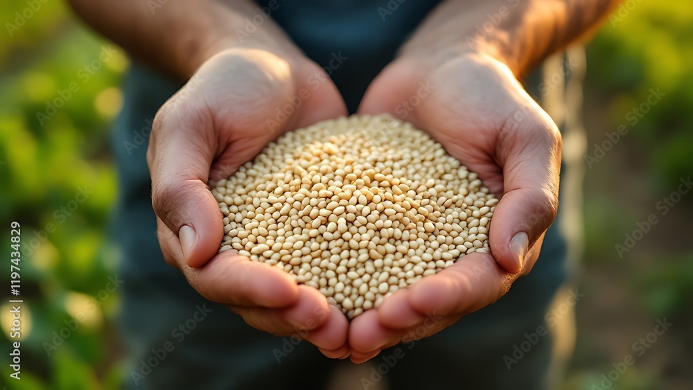 Hands full of soybeans, with soybeans plantation field background Hands full of soybeans, with soybeans plantation field background