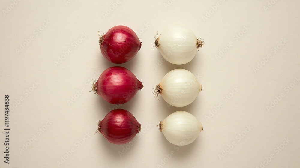 Isolated of red and white onions arranged side by side for a striking contrast Stock Photo with side copy space Isolated of red and white onions arranged side by side for a striking contrast Stock Photo with side copy space