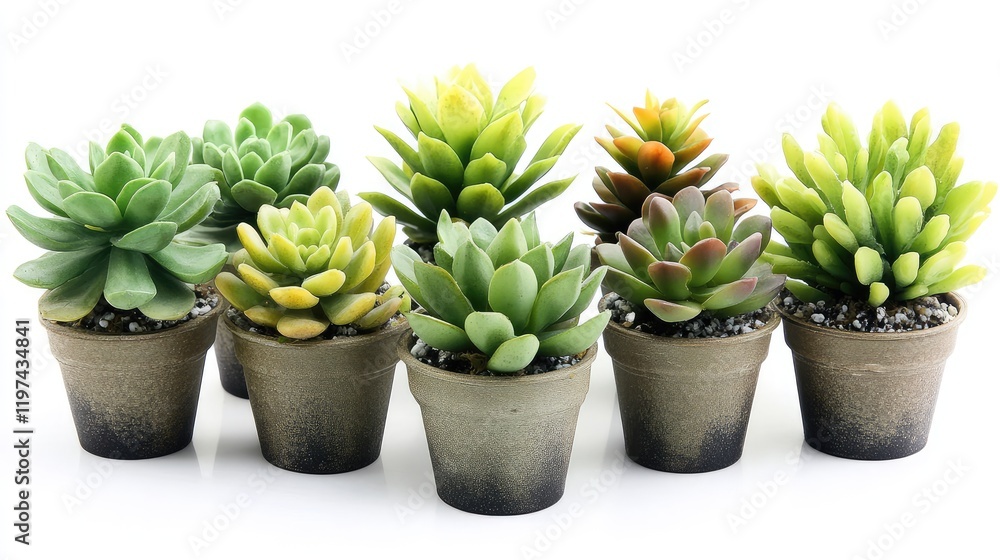 Assorted Green Succulents in Various Pots on White Surface with Natural Textures and Details of Leaves in Focal Arrangement Assorted Green Succulents in Various Pots on White Surface with Natural Textures and Details of Leaves in Focal Arrangement
