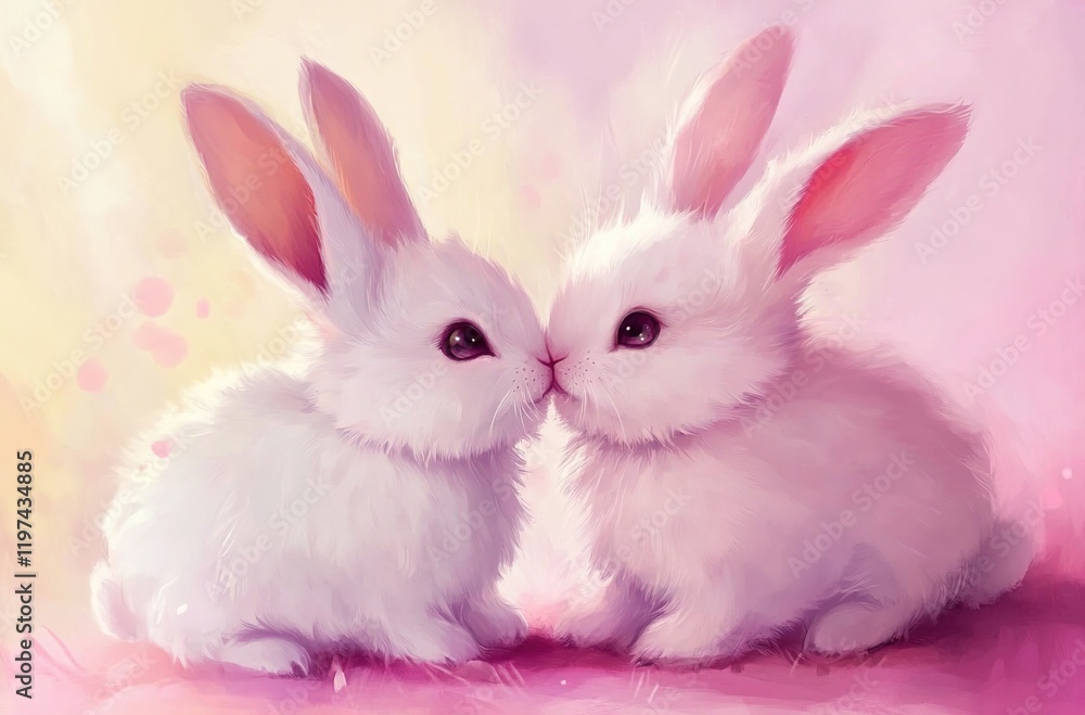 Obraz premium Cute cartoon-style drawing of two bunnies in love, with a pink background