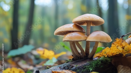 Variety of Mushrooms Among Autumn Leaves in a Forest Setting with Soft Lighting photo