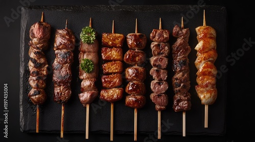 Variety of Grilled Meat Skewers on a Dark Slate Surface with Distinct Colors and Textures, Captured from Above photo