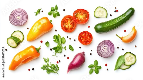 Wallpaper Mural Colorful Array of Fresh Grilled Vegetables with Herbs and Spices on Clean White Surface, Including Red Onion, Cucumbers, and Mini Peppers Torontodigital.ca