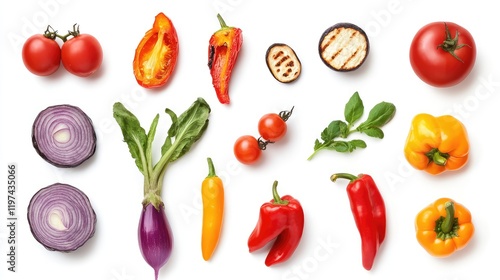 Colorful Grilled Vegetables Display on White Surface: Tomatoes, Peppers, Eggplant