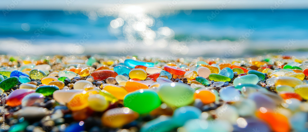 Vibrant sea glass beach shines under sunlight near the ocean shore Vibrant sea glass beach shines under sunlight near the ocean shore