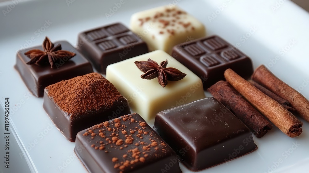 Assorted Homemade Chocolate Pralines in Dark Brown White and Milk Chocolate with Cappuccino Chili Cinnamon and Anise on White Plate Assorted Homemade Chocolate Pralines in Dark Brown White and Milk Chocolate with Cappuccino Chili Cinnamon and Anise on White Plate
