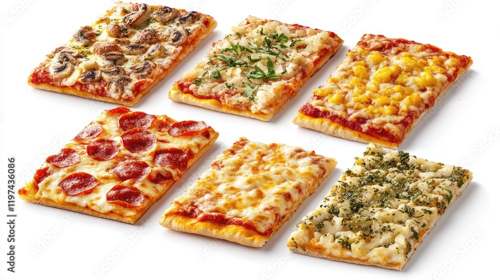 Variety of homemade pizza slices arranged on a white surface with vibrant toppings Variety of homemade pizza slices arranged on a white surface with vibrant toppings