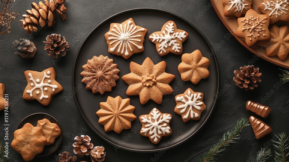 Variety of Decorated Gingerbread Cookies in Snowflake and Star Shapes on Black Surface with Pine Cones and Greenery, Top Perspective Variety of Decorated Gingerbread Cookies in Snowflake and Star Shapes on Black Surface with Pine Cones and Greenery, Top Perspective