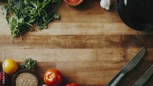 Wooden Kitchen Countertop with Ingredients, Preparing Food, Flatlay, Cooking